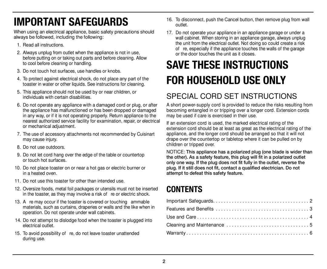 Cuisinart CPT-122 manual Important Safeguards 