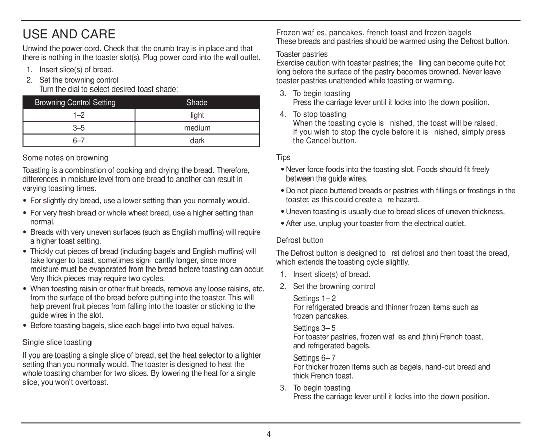 Cuisinart CPT-122 manual USE and Care, Browning Control Setting Shade 