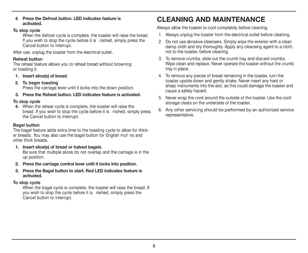 Cuisinart CPT-122 manual Cleaning and Maintenance 