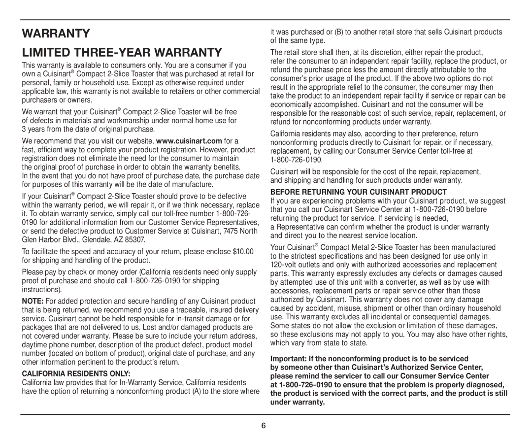 Cuisinart CPT-122 manual Limited Three-Year Warranty 