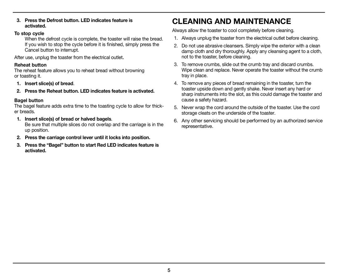 Cuisinart CPT-122 manual Cleaning and Maintenance, Insert slices of bread or halved bagels 