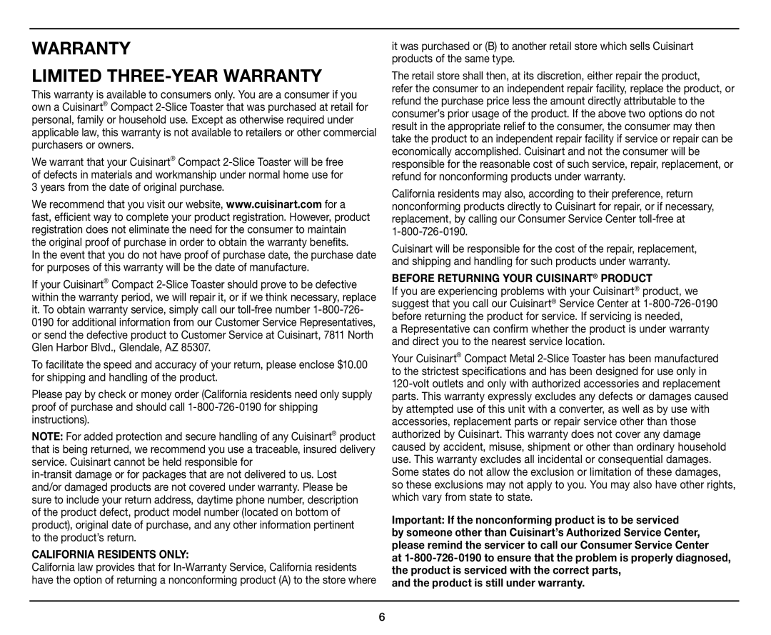 Cuisinart CPT-122 manual Warranty, Important If the nonconforming product is to be serviced 