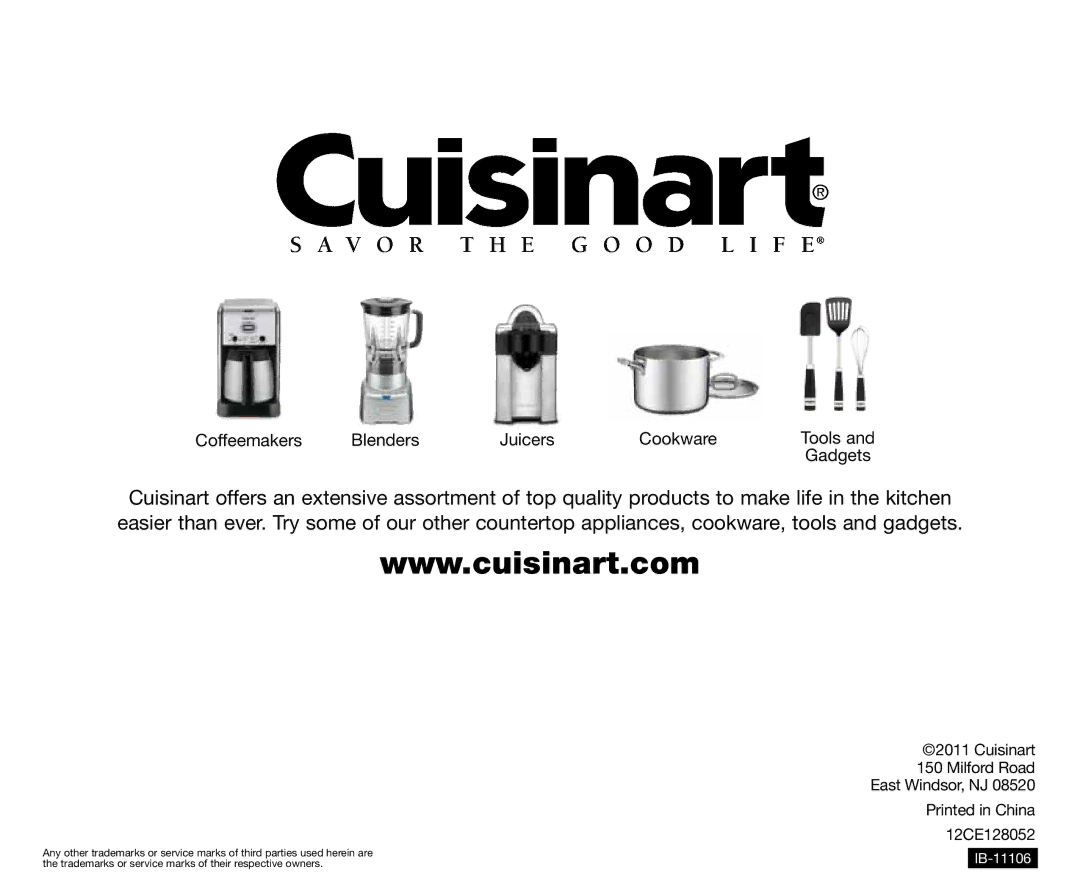 Cuisinart CPT-122 manual Cuisinart Milford Road East Windsor, NJ 12CE128052 