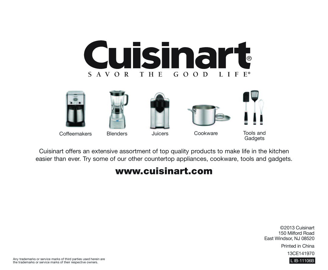 Cuisinart CPT-122 manual Coffeemakers, Blenders, Juicers, Cookware, Tools and, Gadgets, L IB-11106B 