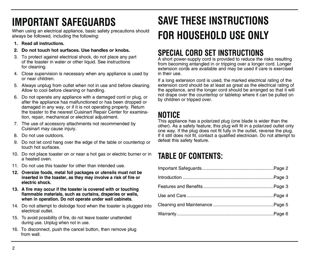 Cuisinart CPT-140 manual Important Safeguards, Table of Contents 