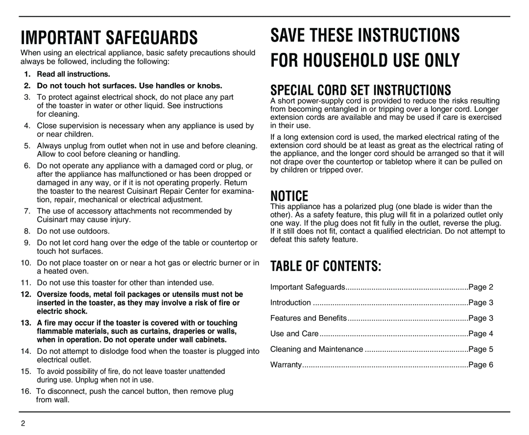 Cuisinart CPT-140 Important Safeguards, Save These Instructions For Household Use Only, Special Cord Set Instructions 
