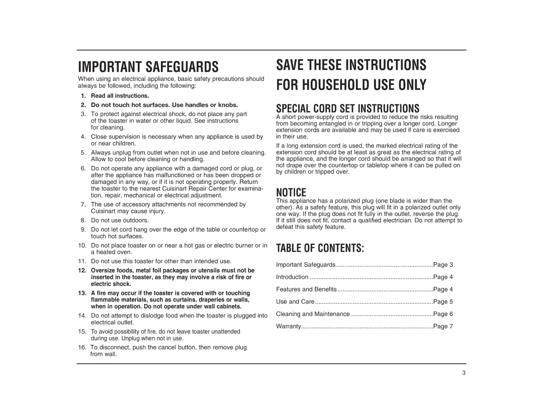 Cuisinart CPT-140RC manual Special Cord SET Instructions, Table of Contents 