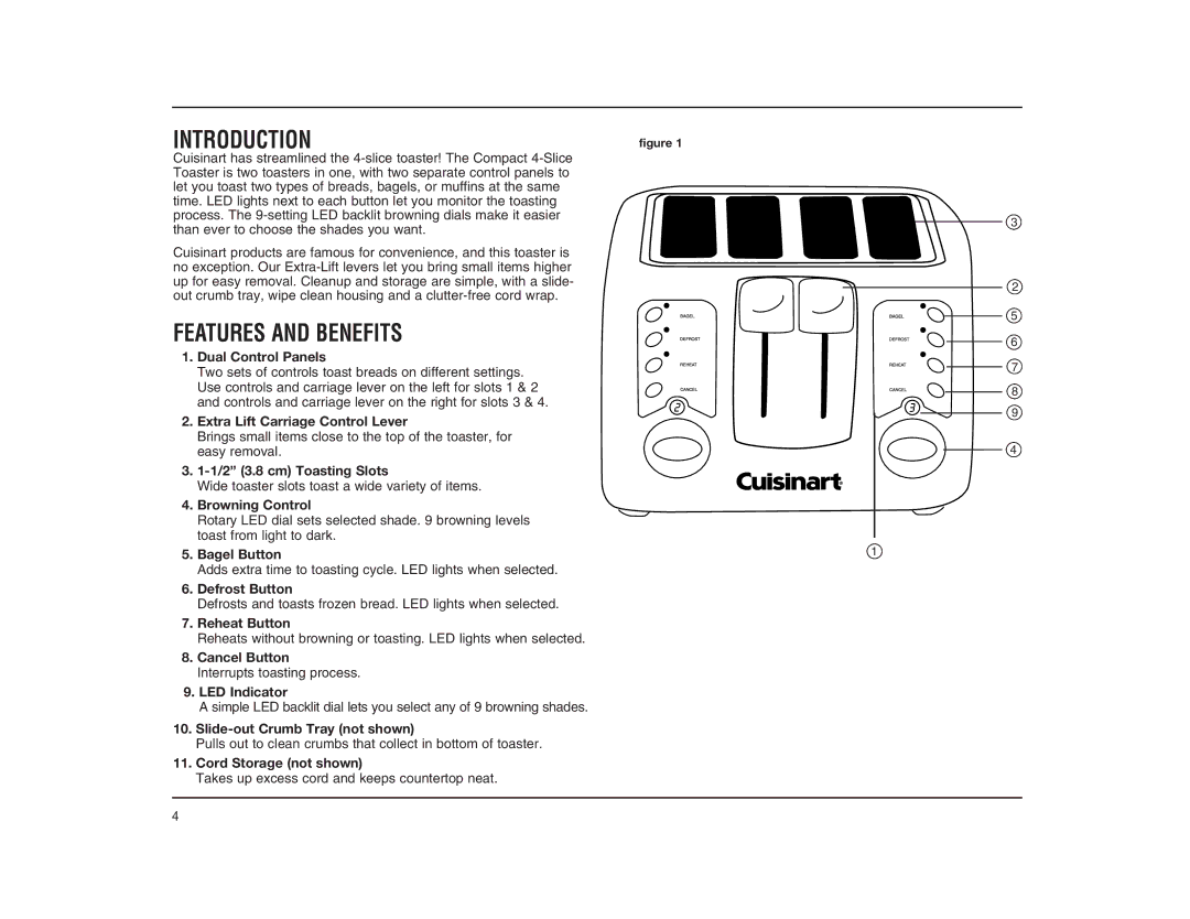 Cuisinart CPT-140RC manual Introduction, Features and Benefits 