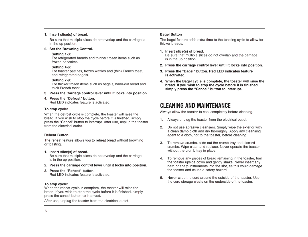 Cuisinart CPT-140RC manual Cleaning and Maintenance, Set the Browning Control Setting, To stop cycle 