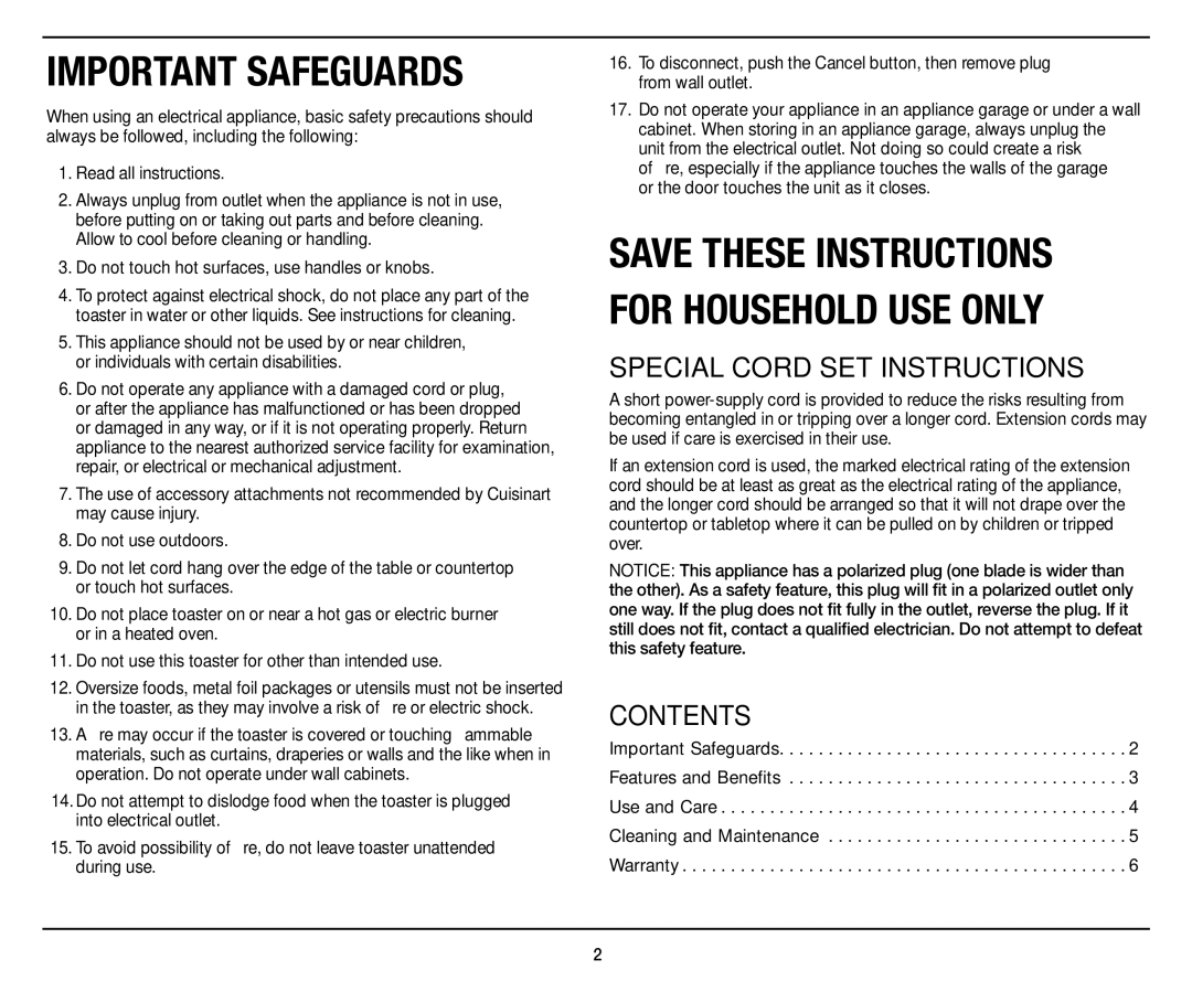 Cuisinart CPT-142, Compact 4-Slice Toaster manual Special Cord SET Instructions, Contents 