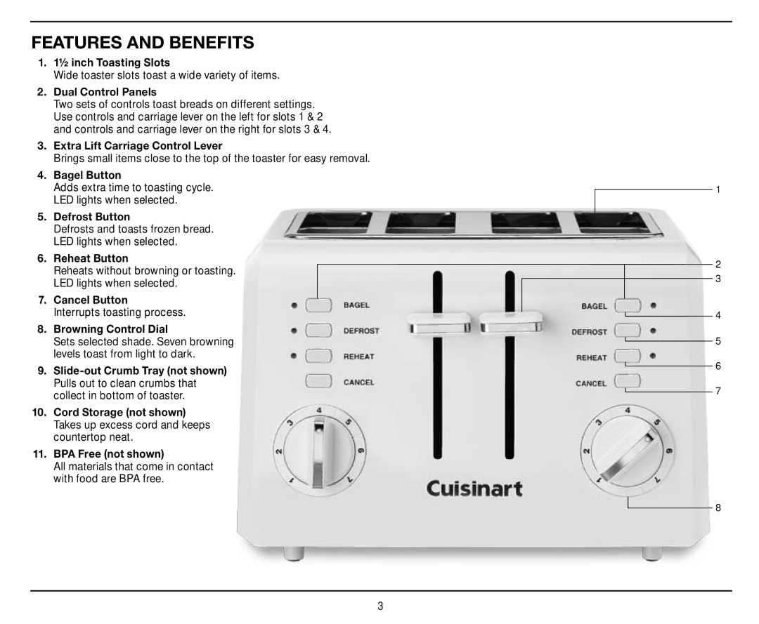 Cuisinart Compact 4-Slice Toaster, CPT-142 manual Features and Benefits 