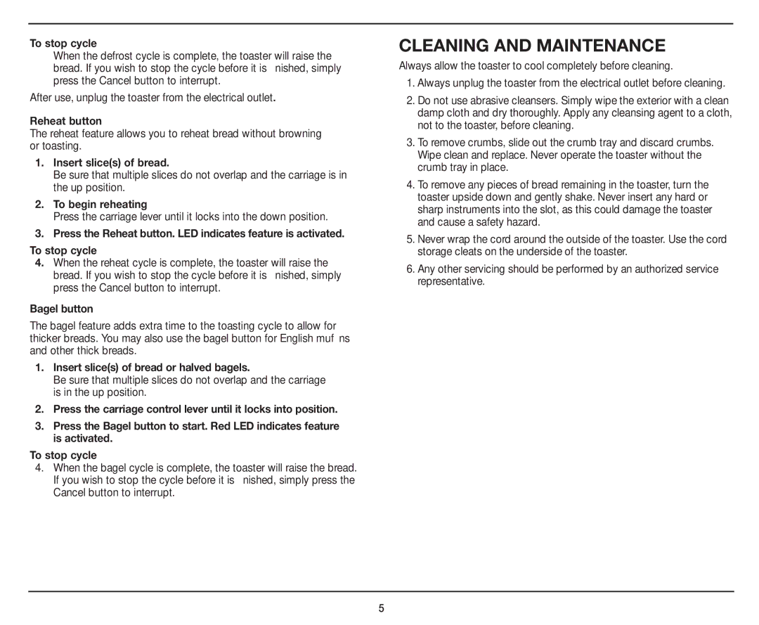 Cuisinart Compact 4-Slice Toaster, CPT-142 manual Cleaning and Maintenance, To stop cycle, To begin reheating 