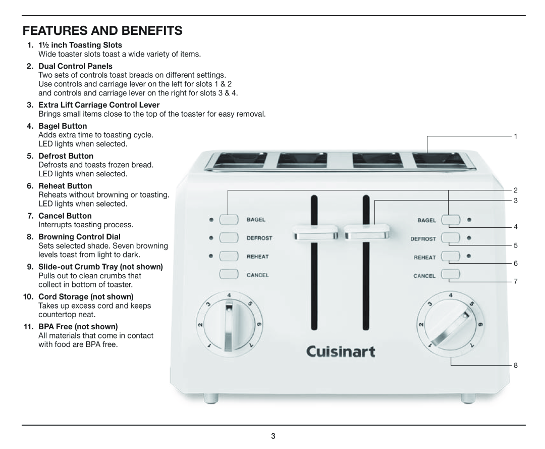 Cuisinart Compact 4-Slice Toaster, CPT-142 manual Features And Benefits 