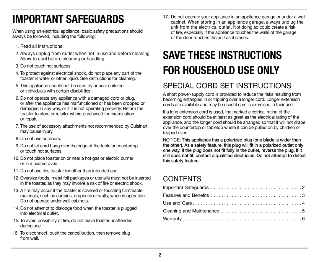 Cuisinart CPT-142 manual Special Cord SET Instructions, Contents, Do not touch hot surfaces 