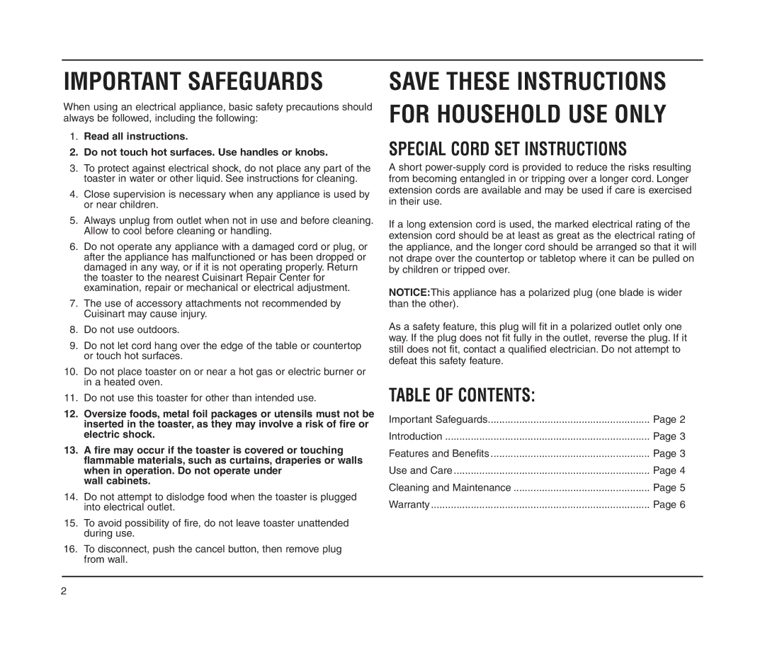 Cuisinart CPT-160 manual Special Cord SET Instructions, Table of Contents 