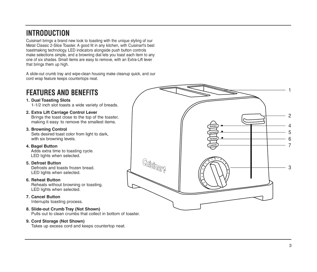 Cuisinart CPT-160 manual Introduction, Features and Benefits 