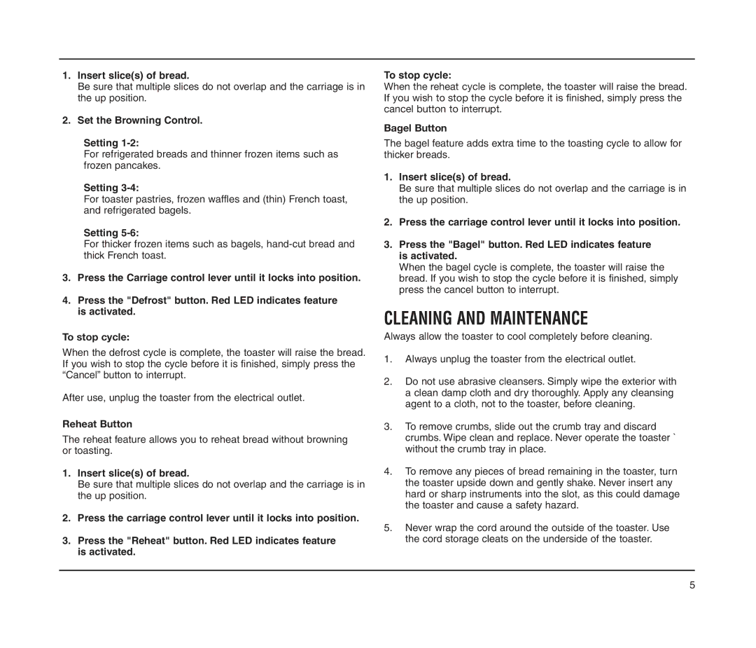 Cuisinart CPT-160 manual Cleaning and Maintenance 