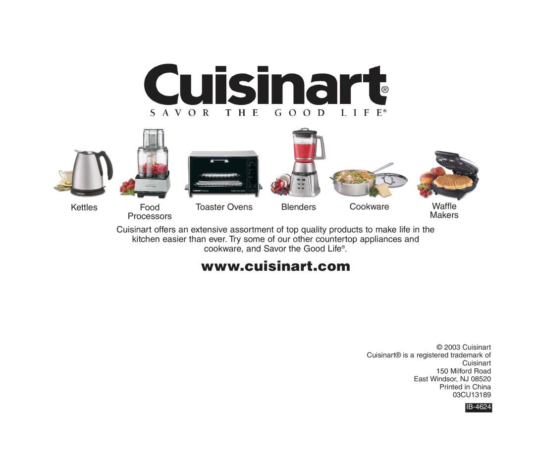 Cuisinart CPT-160 manual Kettles Food Toaster Ovens Blenders Cookware 