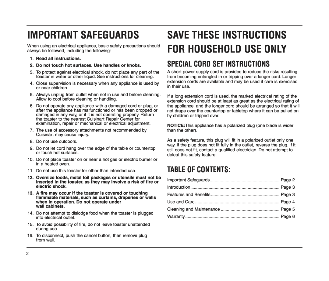 Cuisinart CPT-160 manual Save These Instructions For Household Use Only, Special Cord Set Instructions, Table Of Contents 