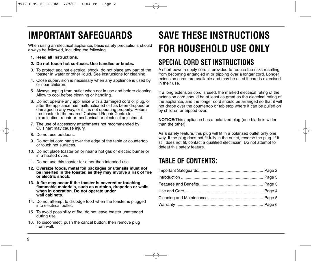 Cuisinart CPT-160C manual Special Cord SET Instructions, Table of Contents 