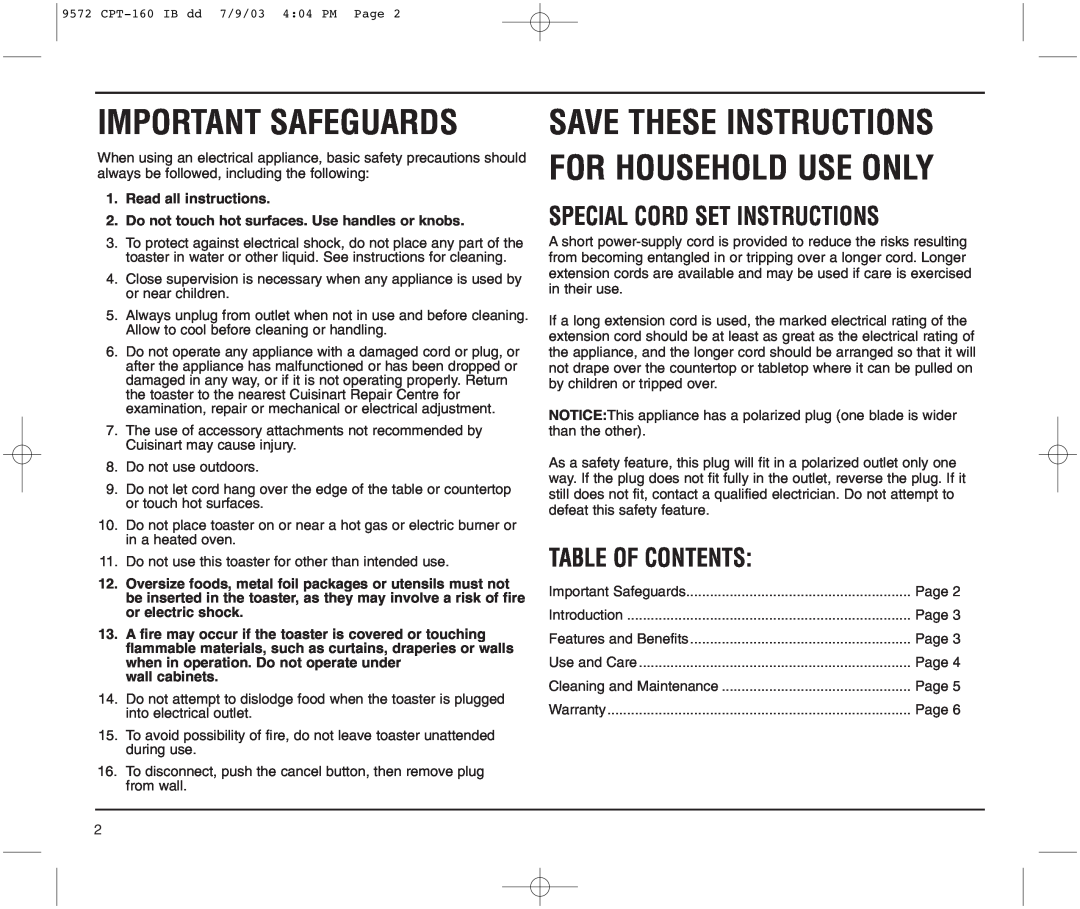 Cuisinart CPT-160C manual Save These Instructions For Household Use Only, Special Cord Set Instructions, Table Of Contents 