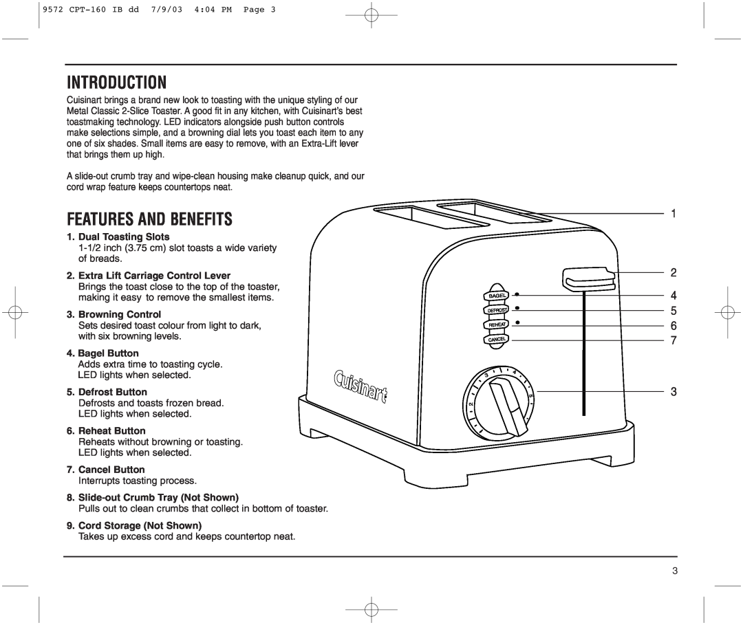 Cuisinart CPT-160C manual Introduction, Features And Benefits, Dual Toasting Slots, Extra Lift Carriage Control Lever 