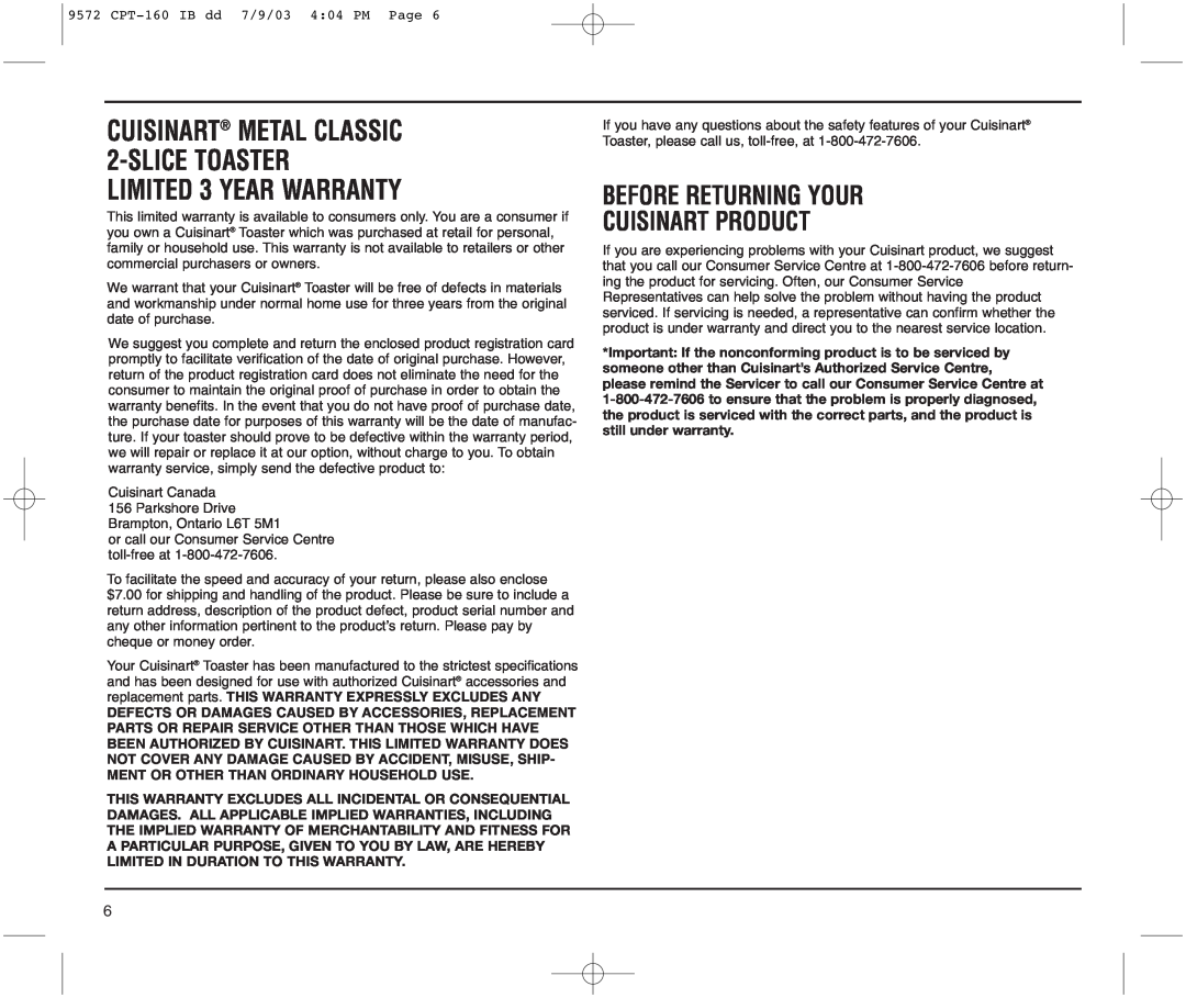 Cuisinart CPT-160C manual Before Returning Your Cuisinart Product 