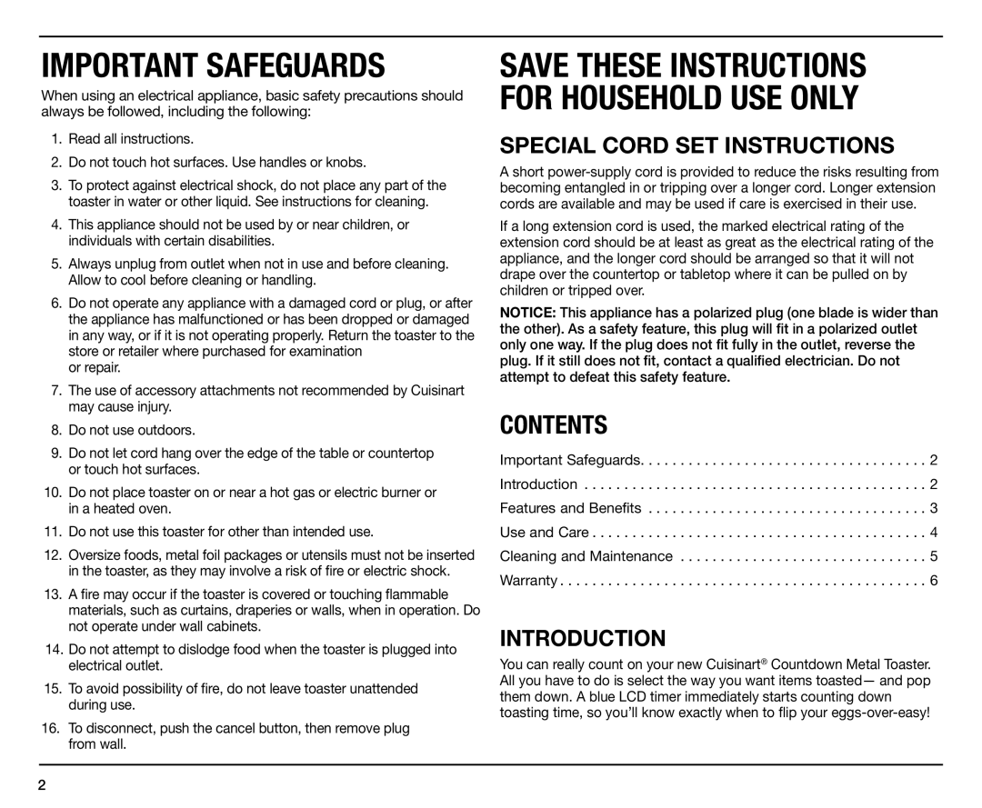 Cuisinart CPT-170 manual Important Safeguards 