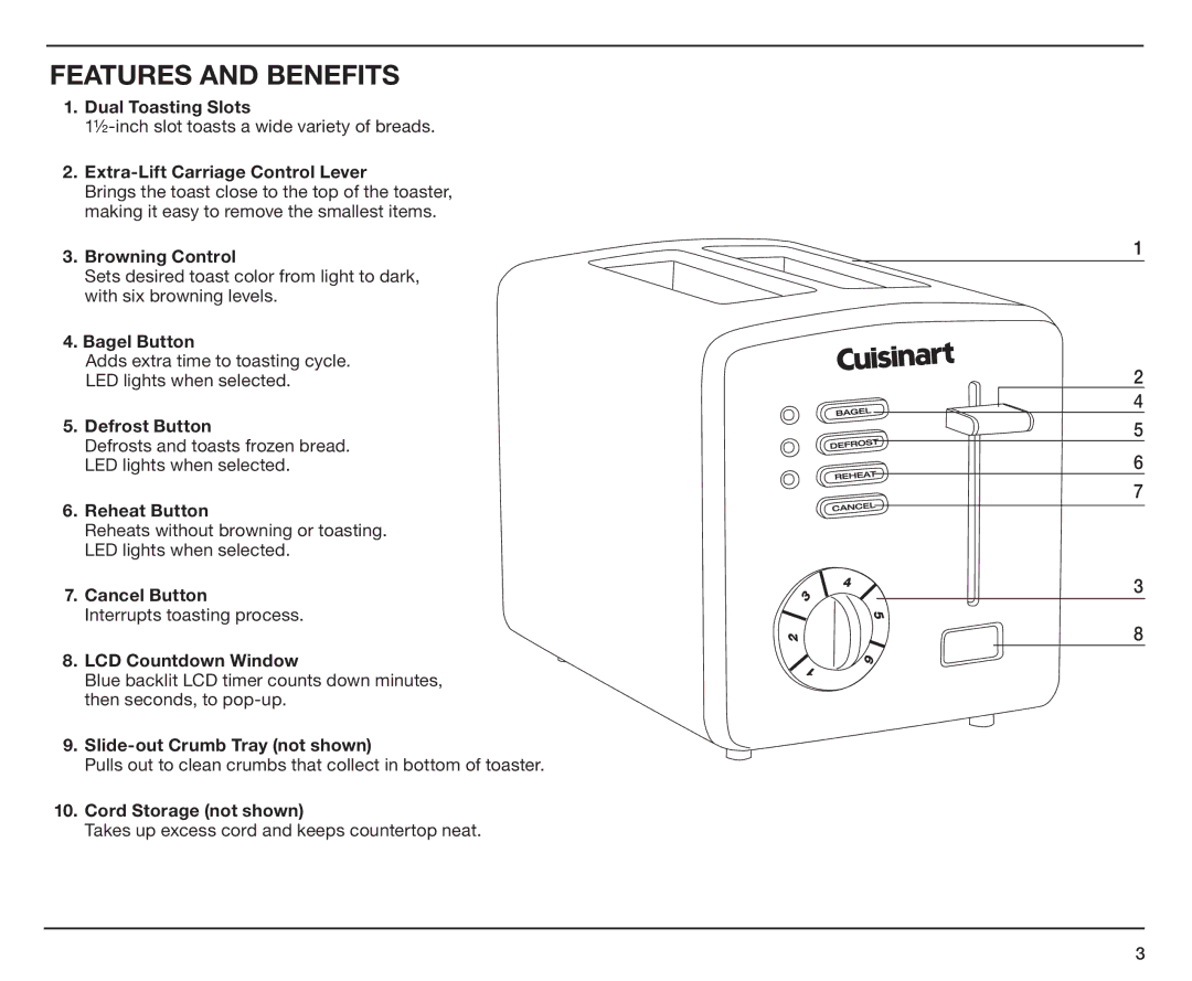 Cuisinart CPT-170 manual Features and Benefits, Extra-Lift Carriage Control Lever 