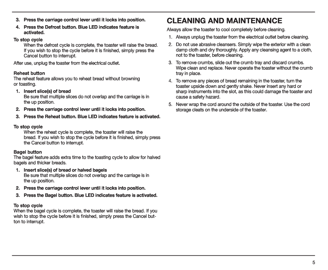 Cuisinart CPT-170 manual Cleaning And Maintenance 