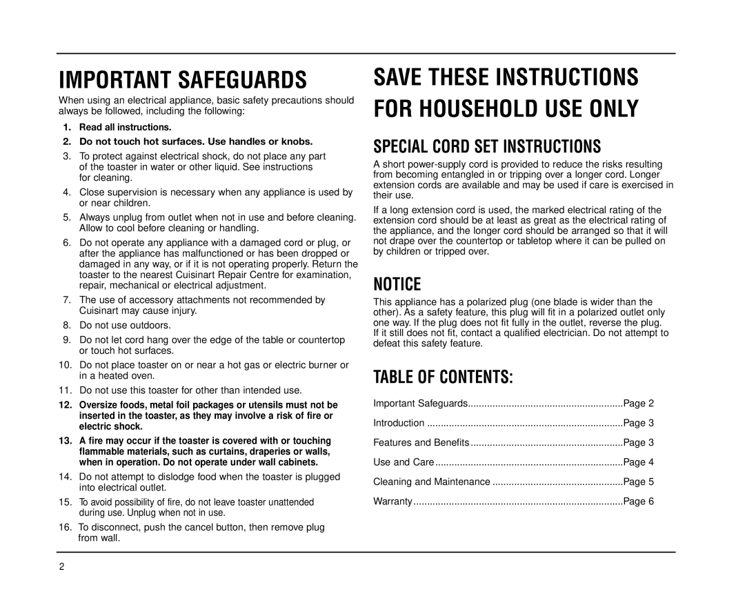 Cuisinart CPT-180 manual Special Cord SET Instructions, Table of Contents 