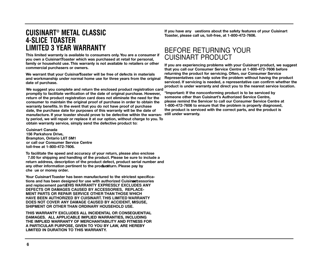 Cuisinart CPT-180 manual Before Returning Your Cuisinart Product 