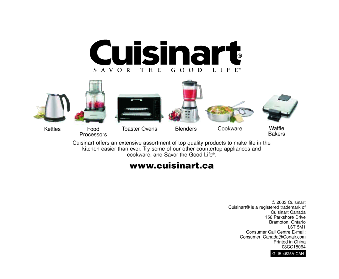 Cuisinart CPT-180 manual Kettles Food Toaster Ovens Blenders Cookware 