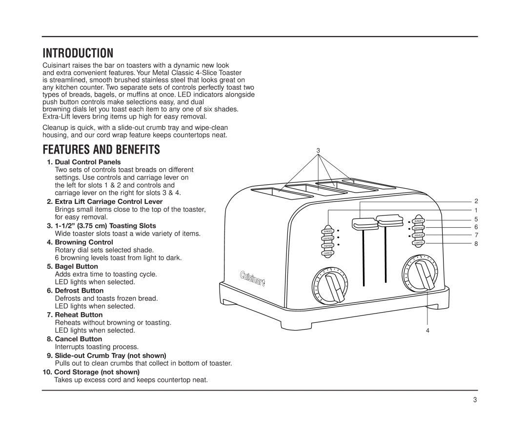 Cuisinart CPT-180 manual Introduction, Features And Benefits 