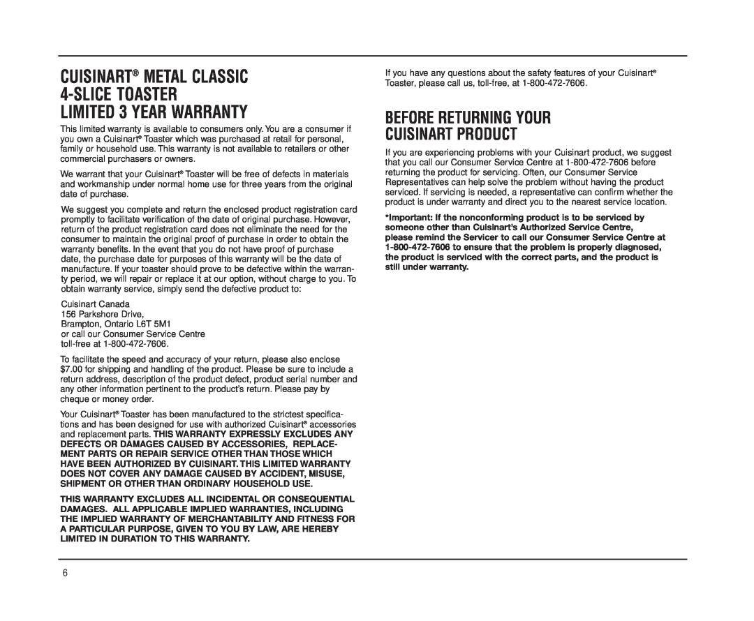 Cuisinart CPT-180 manual Before Returning Your Cuisinart Product 