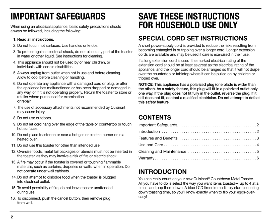 Cuisinart CPT-190 manual Special Cord SET Instructions, Contents, Introduction 