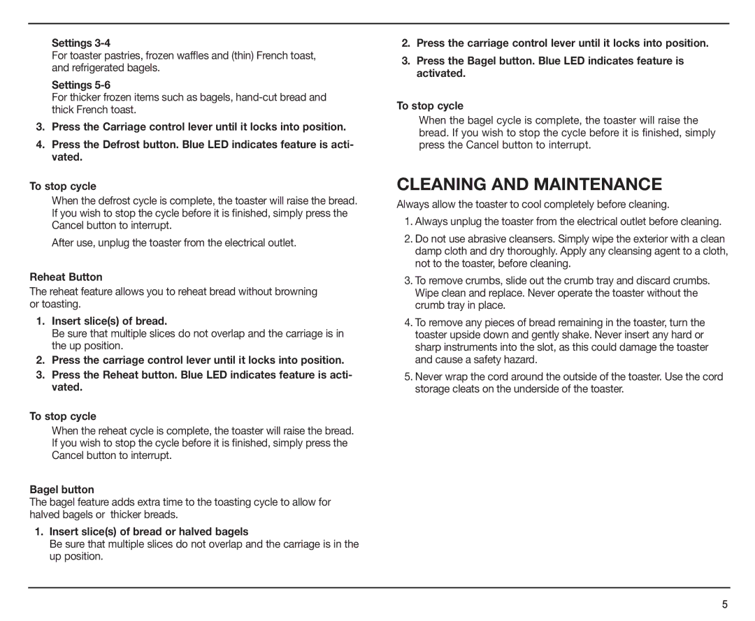 Cuisinart CPT-190 manual Cleaning and Maintenance, Insert slices of bread or halved bagels 