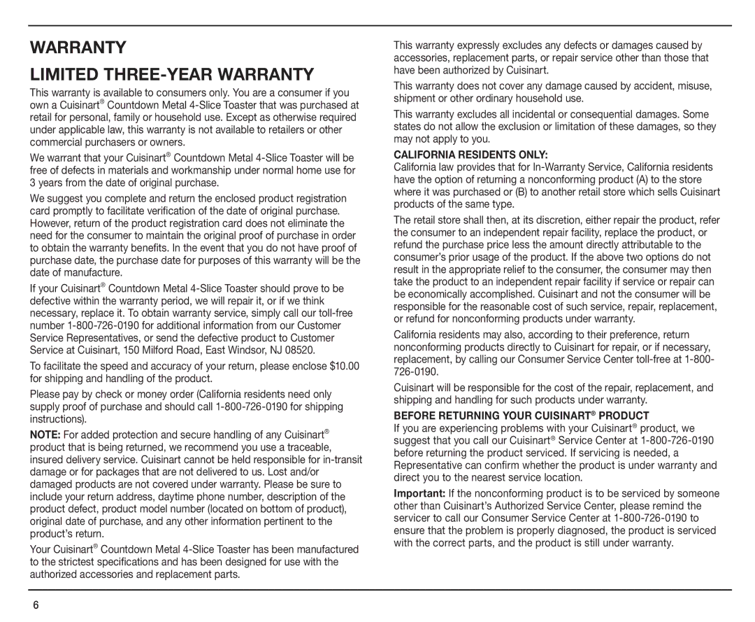 Cuisinart CPT-190 manual Limited Three-Year Warranty 