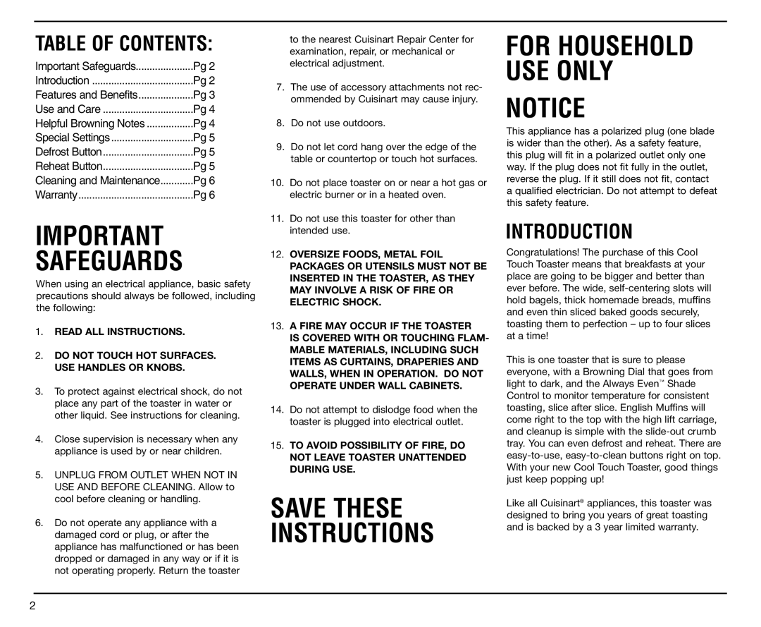 Cuisinart CPT-20 manual Safeguards, Save These Instructions, For Household USE only, Table of Contents, Introduction 