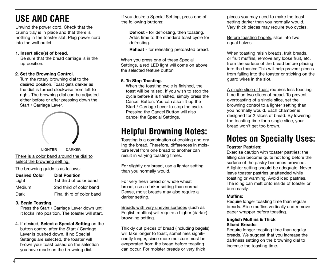 Cuisinart CPT-20 manual USE and Care, Helpful Browning Notes 