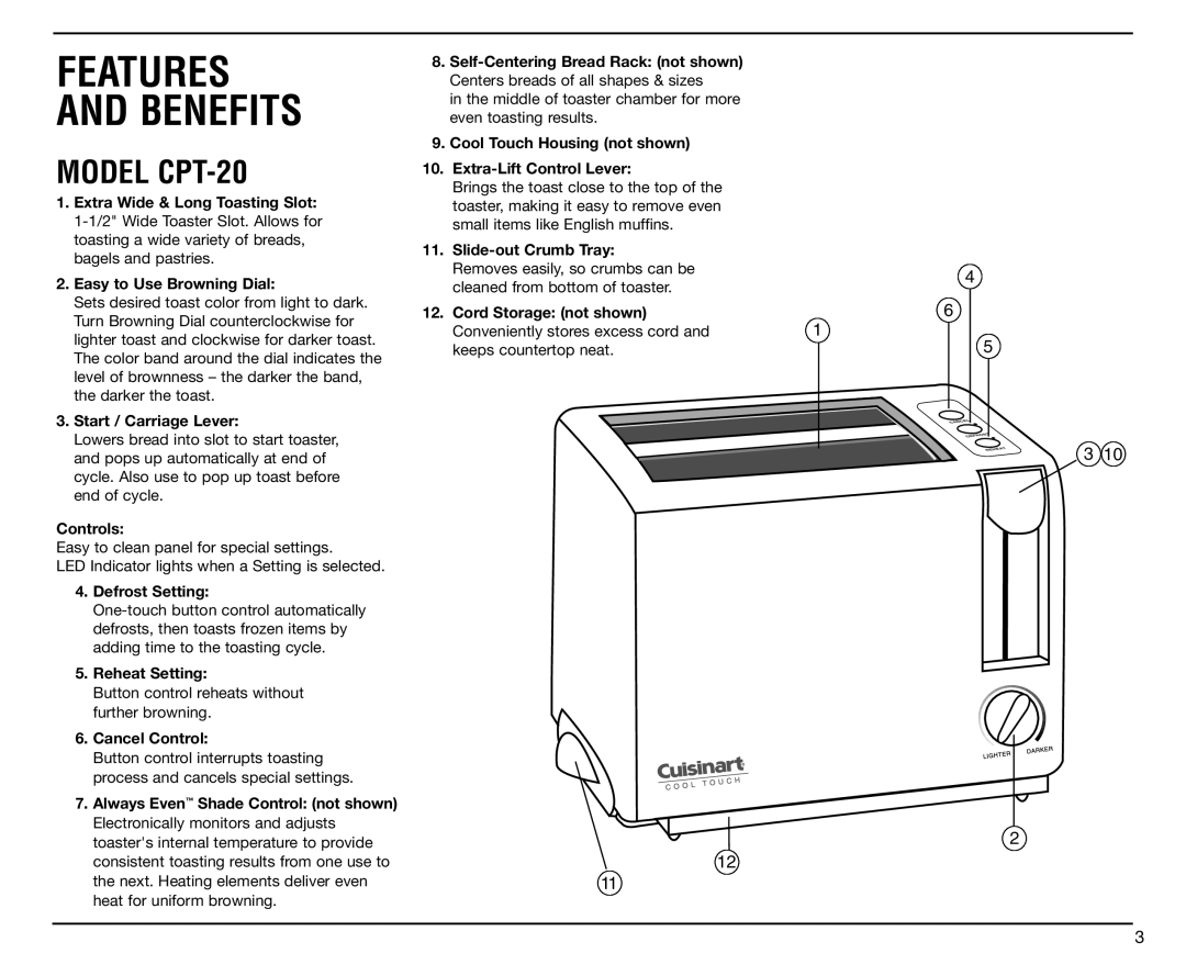 Cuisinart manual Features And Benefits, MODEL CPT-20 