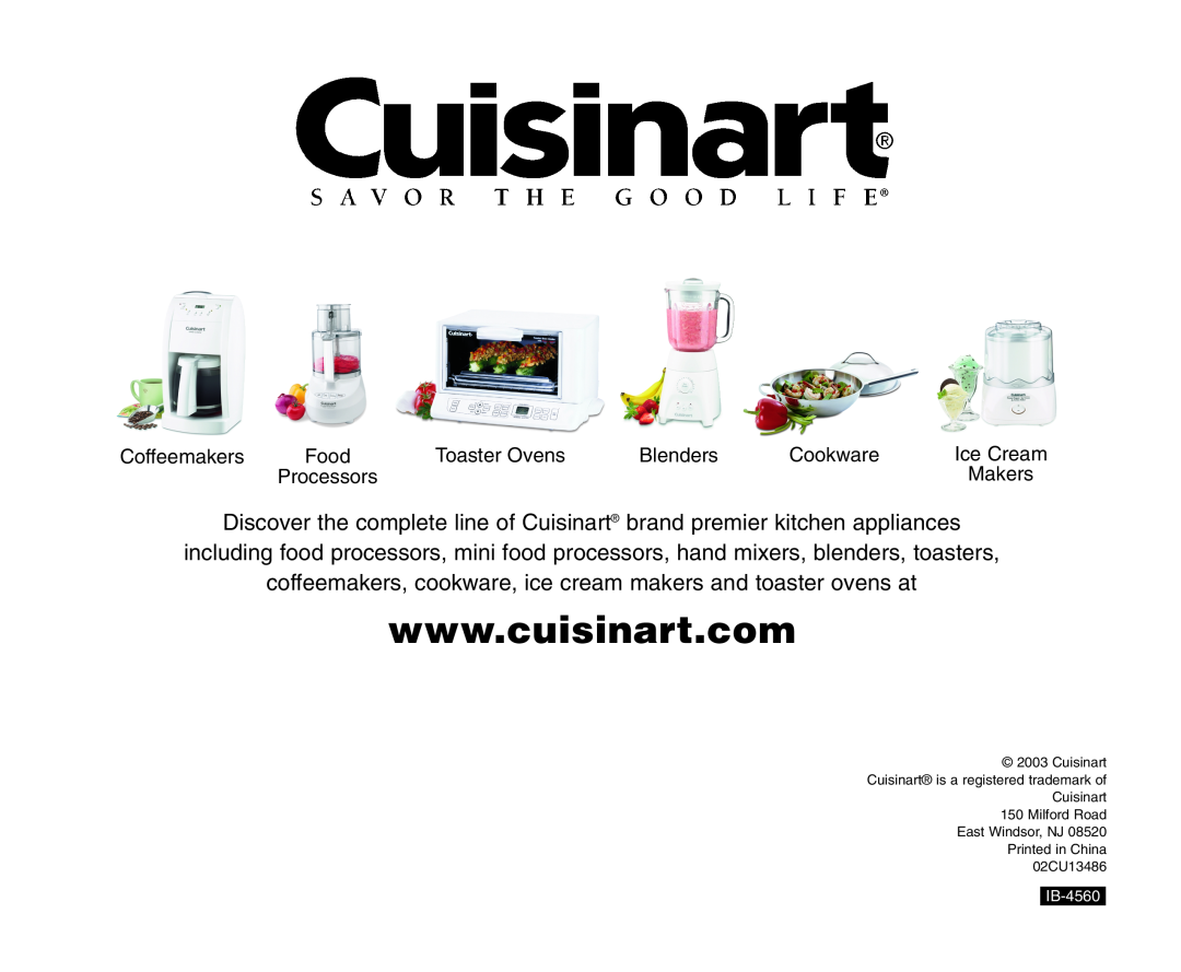 Cuisinart CPT-20 manual Coffeemakers, Toaster Ovens, Blenders, Cookware, Ice Cream 