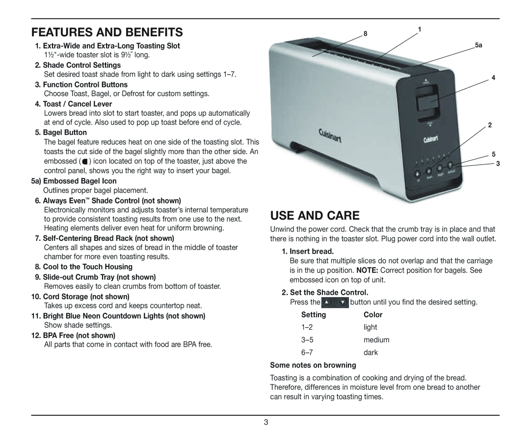 Cuisinart 2-Slice Long Slot Motorized Toaster, CPT-2000 manual Features And Benefits, Use And Care 