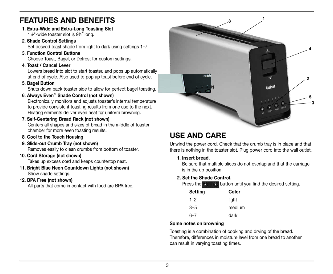 Cuisinart CPT-2000 manual Features and Benefits, USE and Care 