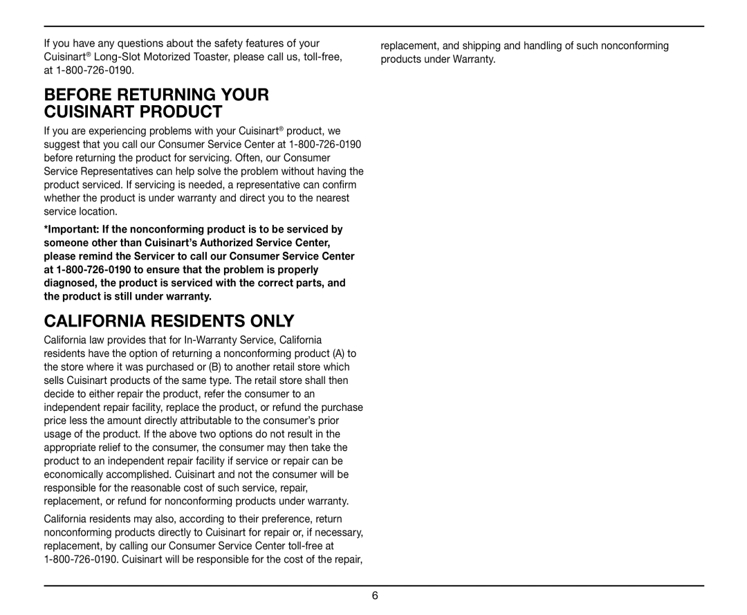 Cuisinart CPT-2000 manual Before Returning Your Cuisinart Product, California Residents only 