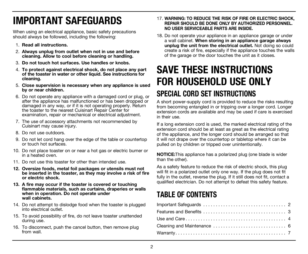 Cuisinart CPT-320, Classic 2-Slice Toaster manual Special Cord SET Instructions, Table of Contents 