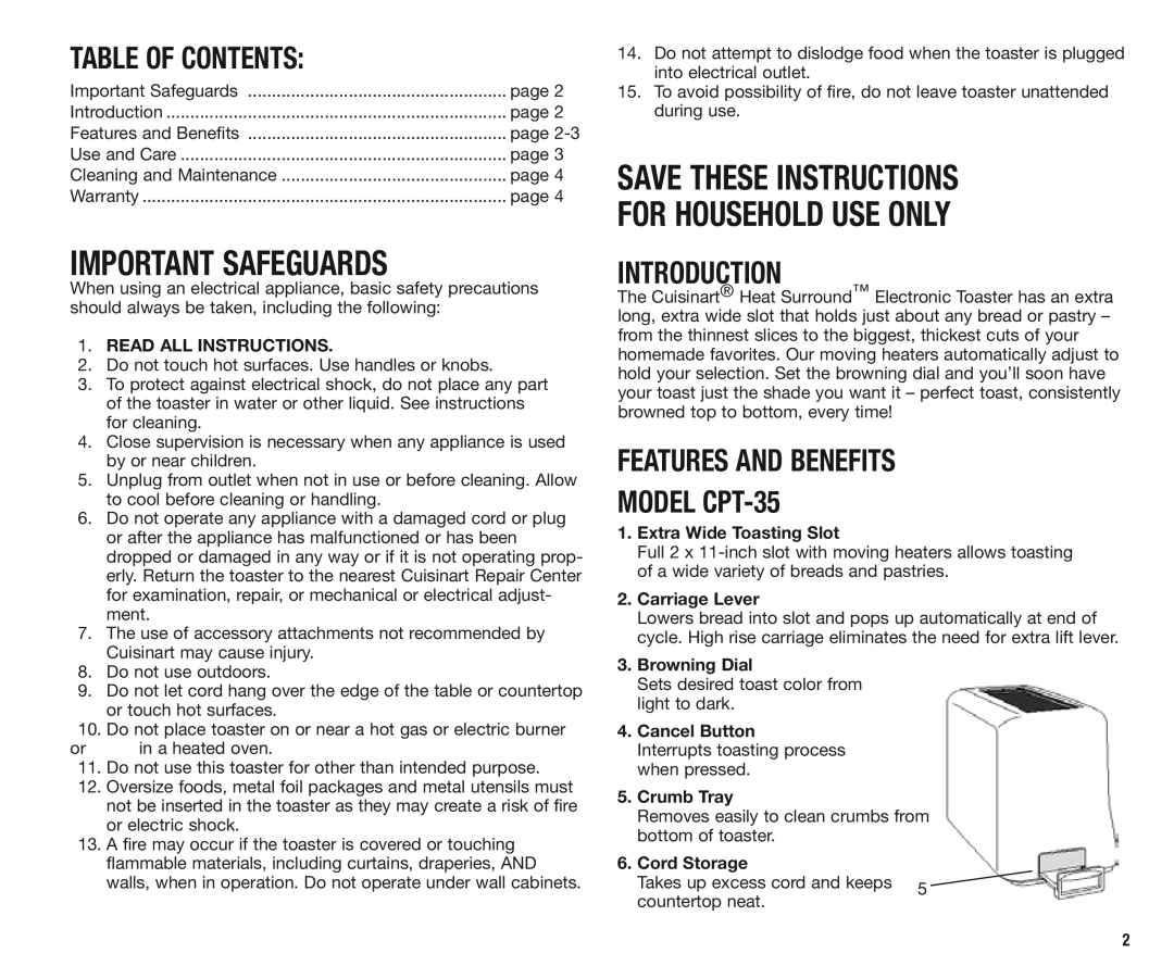 Cuisinart Table Of Contents, Introduction, FEATURES AND BENEFITS MODEL CPT-35, Read all Instructions, Carriage Lever 