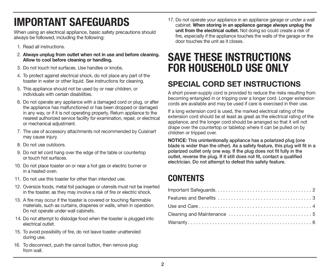 Cuisinart CPT-415 manual Important Safeguards 