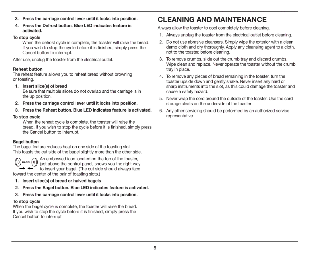 Cuisinart CPT-415 manual Cleaning and Maintenance, Toward the center of the pair of toasting slots 