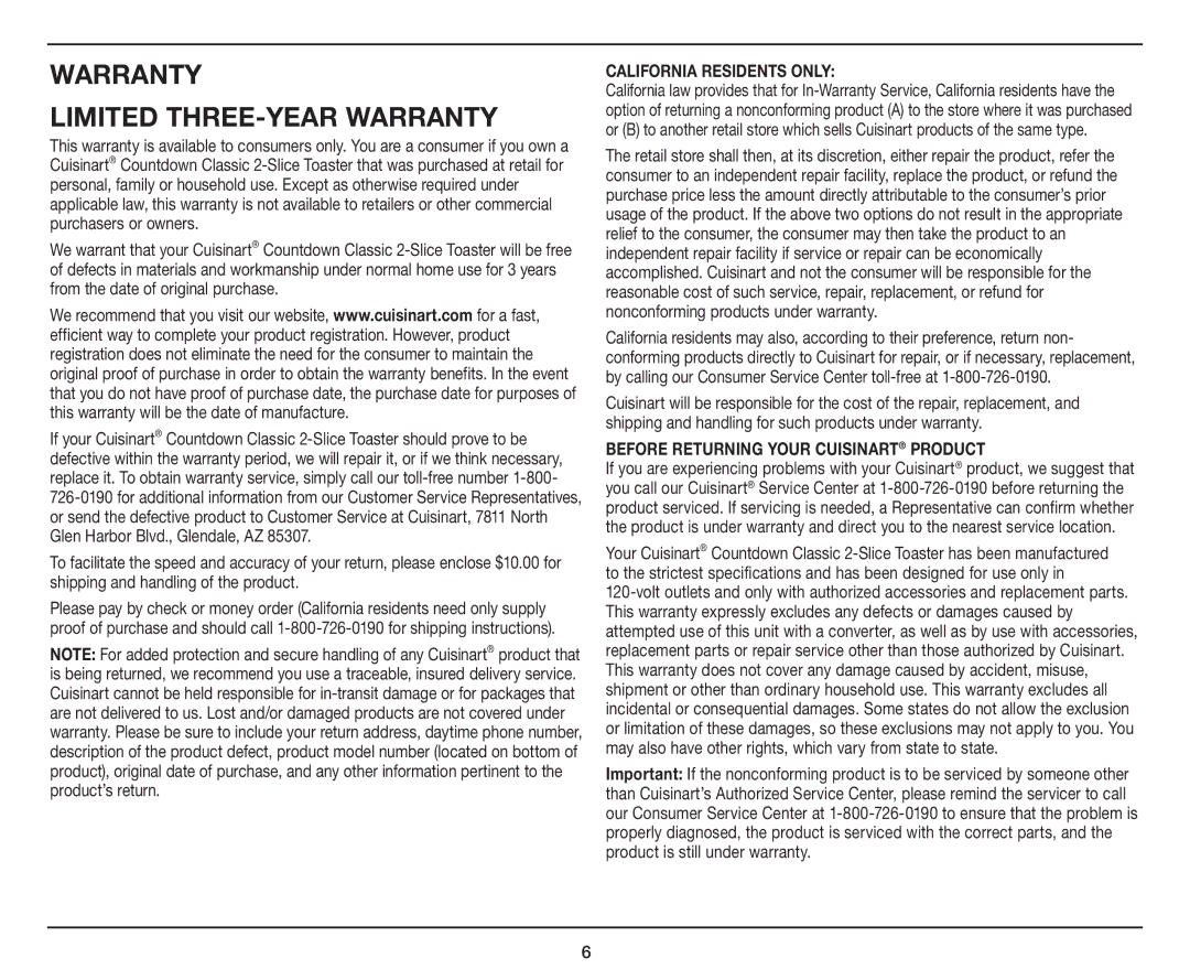 Cuisinart CPT-415 manual Limited Three-Year Warranty 